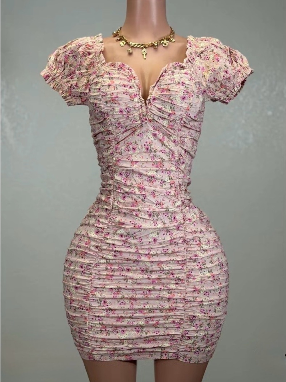 Pink Floral Ruched Mini Dress